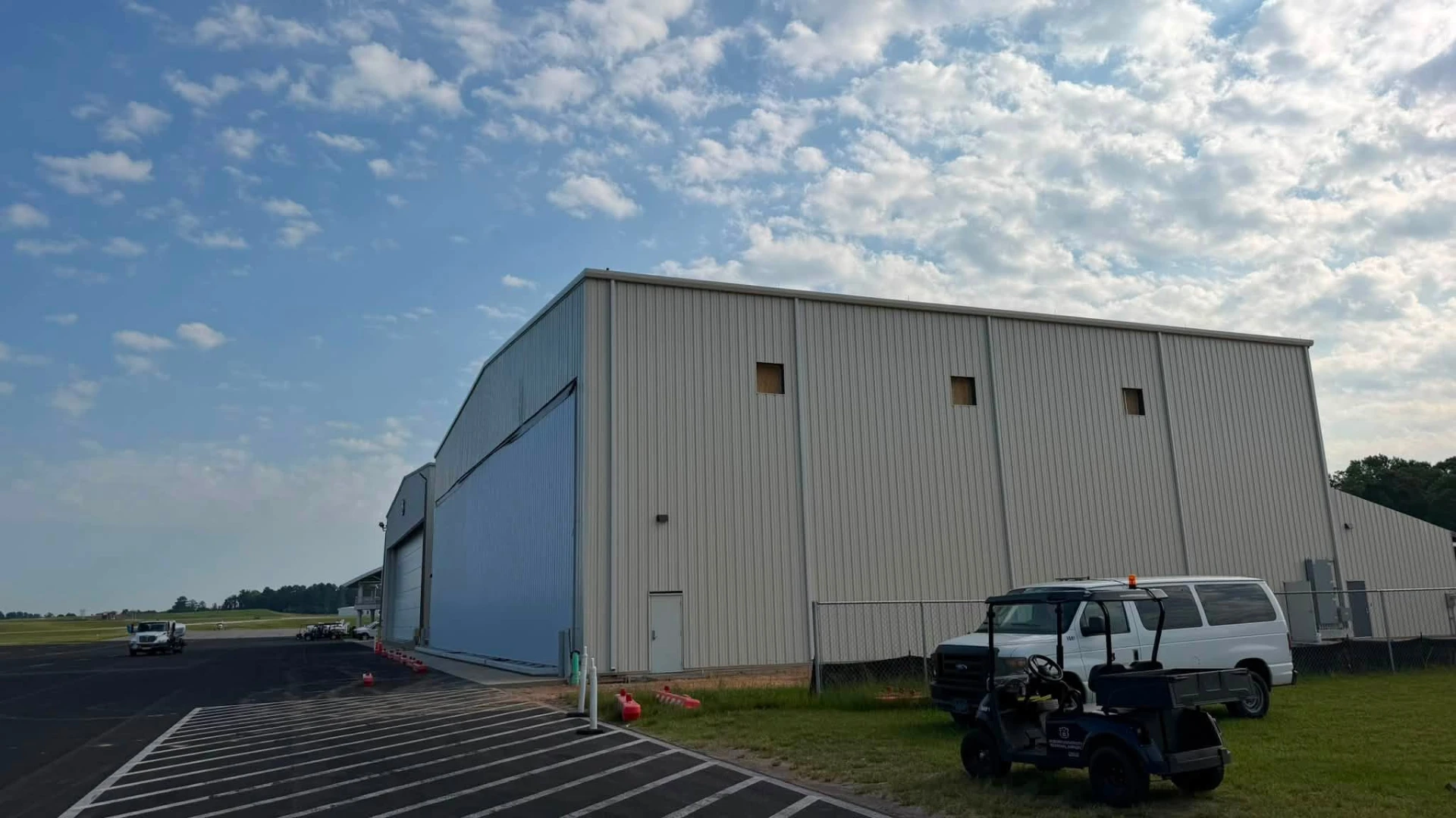 Completed Auburn FBO hangar exterior on the airfield